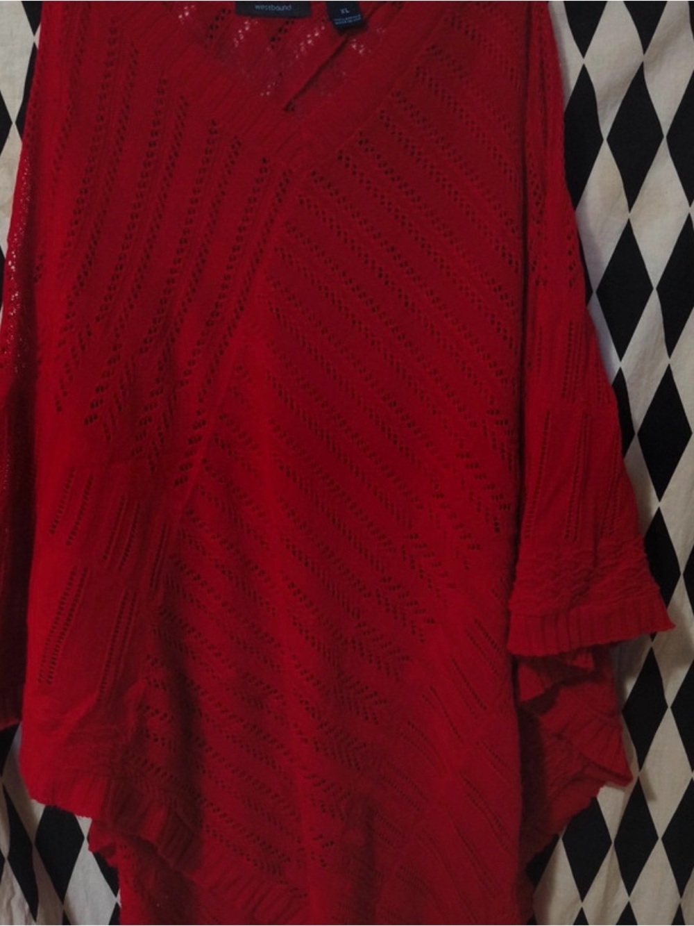 Westbound Red V-Neck Knit Poncho - Picture 2 of 5